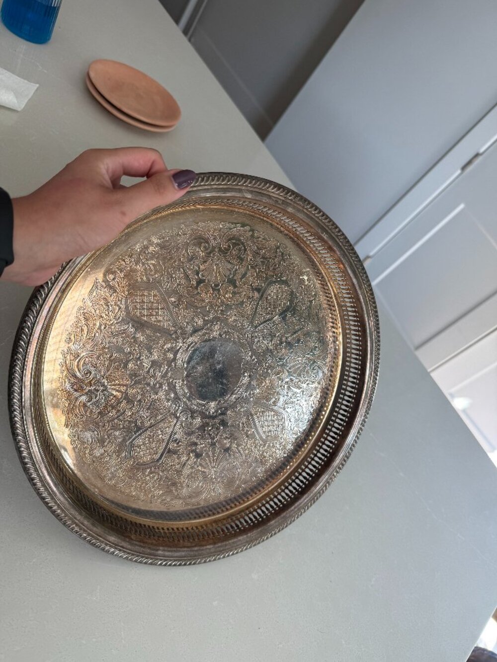 Vintage Silver Tone Ornate Decorative Tray 11”